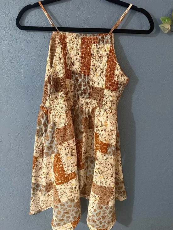Asymmetrical Patchwork Sundress in Cream and Brown -New-Boutique - Picture 1 of 7